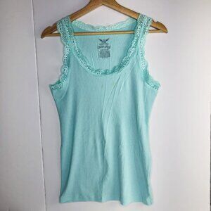 Faded Glory Y2K Teens Girl Tank Top L/G (12-14) Mint Lace Trim Stretch Romance